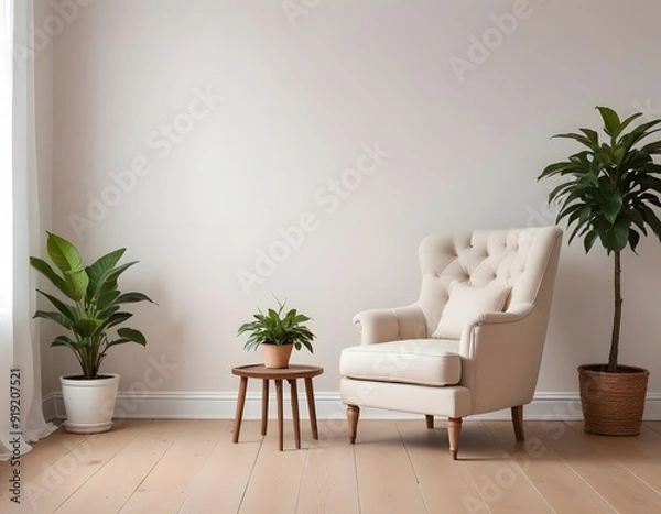 Fototapeta A vintage-style tufted chaise lounge with wooden frame and light blue upholstery, placed in a room with light blue wainscoting on the walls