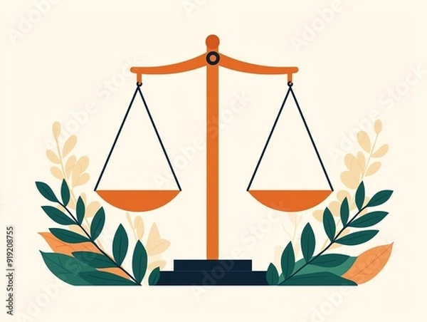 Fototapeta A colorful illustration of a balanced scale surrounded by leaves, symbolizing justice, fairness, and legal representation.