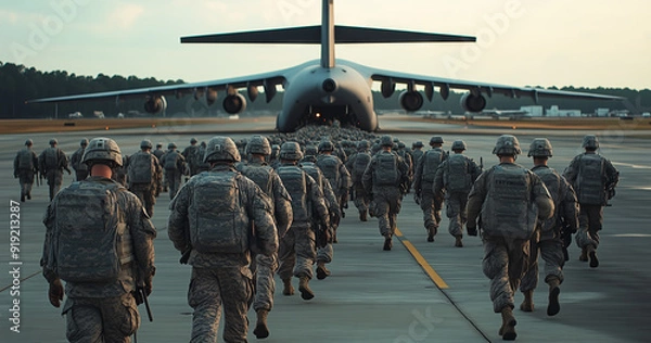 Fototapeta Large group of soldiers in uniform boarding a military transport aircraft, preparing for deployment at a military airfield.
