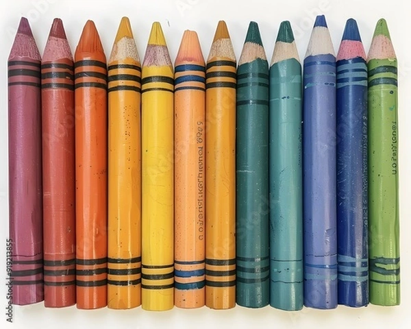 Fototapeta A colorful assortment of crayons arranged neatly in a row, showcasing a range of vibrant shades from red to blue.