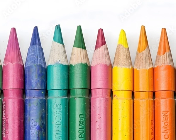 Fototapeta Colorful crayons lined up in a row showing vibrant hues. Ideal for art, creativity, and education-related concepts.