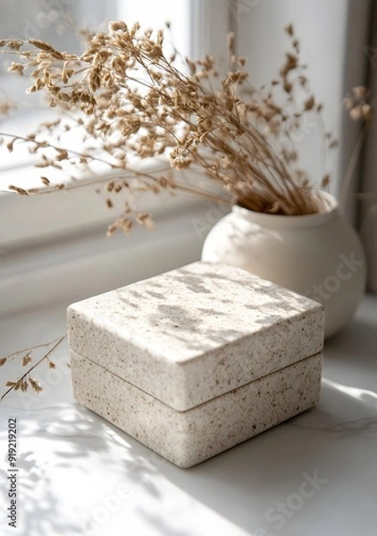Fototapeta Beige Square Box With Dried Flowers In A Vase On A White Marble Surface