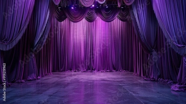 Fototapeta Empty purple theater stage with draped curtains and soft lighting before a performance