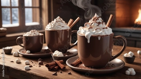 Fototapeta Warm and Cozy Hot Chocolate with Marshmallows by the Fireplace