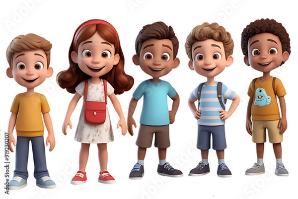 Fototapeta cheerful 3D render of a group of little cartoon children tansparent Background