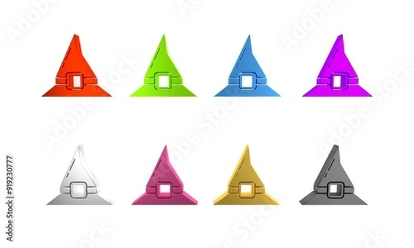 Fototapeta Colorful Witch hat icon isolated on white background. Happy Halloween party. Minimalism concept. 3D render illustration