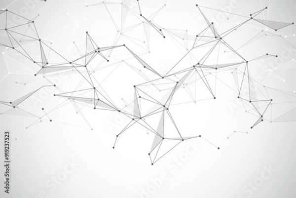 Fototapeta Abstract tech network connection dots. Digital technology and big data analysis background. White background with plexus lines. Geometric background with abstract mesh