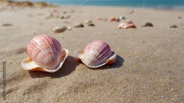 Obraz Unique pink seashells by the sea, sea shells view on sands of beach, seaside shores