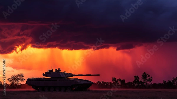 Fototapeta Tank silhouette against fiery sunset with rain clouds.