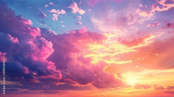 Fototapeta Beautiful sunset with colorful clouds illuminating the sky over a tranquil landscape