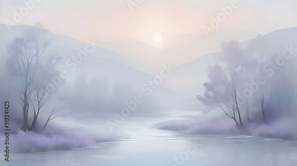 Fototapeta Fog over the mountains; Abstracts watercolor background Image; Generative AI  