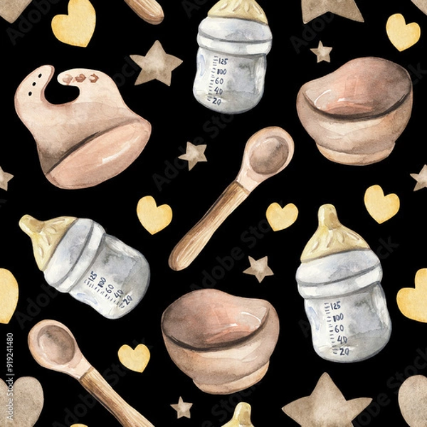 Fototapeta A charming watercolor pattern showcasing baby feeding essentials, including bottles, bowls, spoons, and a bib, surrounded by stars and hearts. This delightful design is perfect for baby products