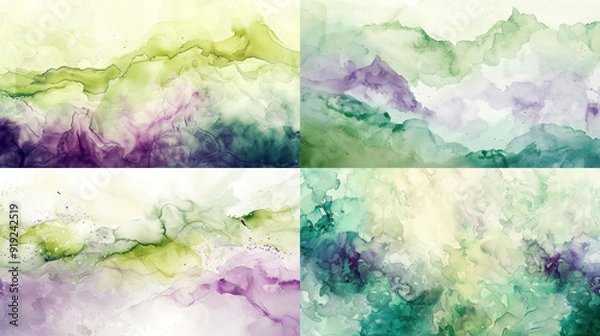 Fototapeta Watercolor smooth wash, soft greens and purples of artistic abstracts, creating a dreamy and modern effect