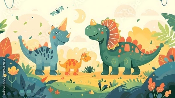 Fototapeta Cute Cartoon Dinosaurs with a Yellow Background