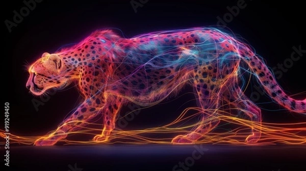 Fototapeta Electric Cheetah - Dynamic Neon Artwork of a Crouching Cheetah in Vibrant Colors on Black Background