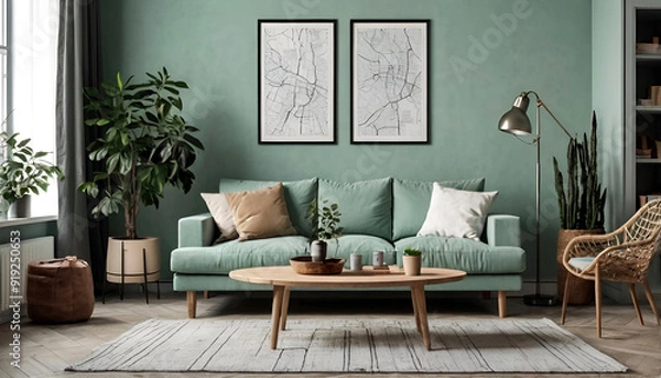 Obraz Stylish Scandinavian Living Room Mint Sofa, Chic Furnishings & Elegant Decor Ideas