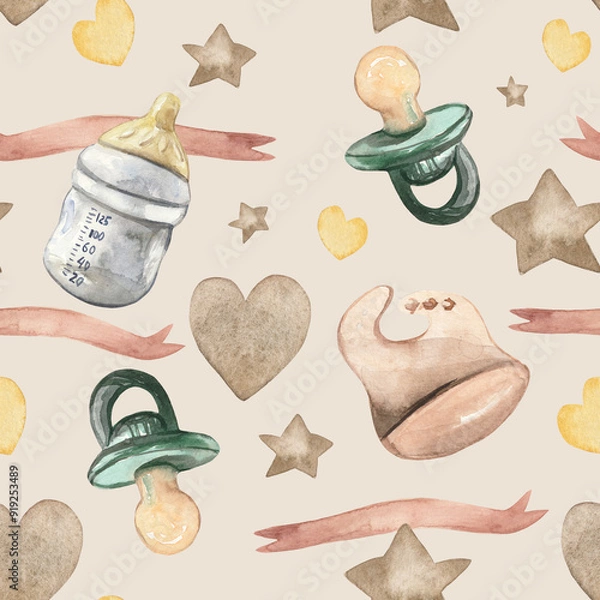 Fototapeta Watercolor pattern featuring baby essentials like bottles, pacifiers, beige hearts, stars, and ribbons on a beige background. This charming and delicate design is ideal for baby products