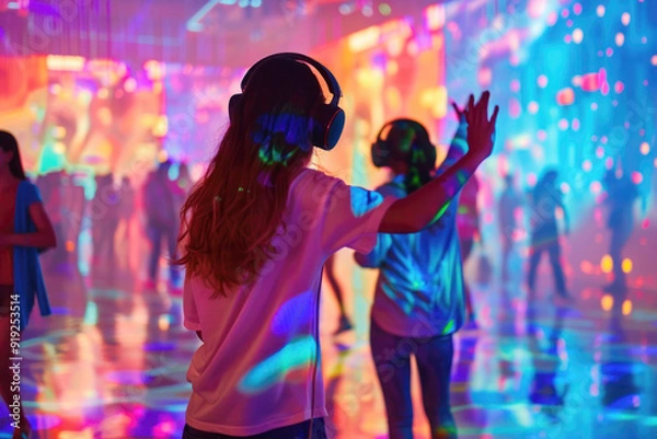 Fototapeta Silent Disco Vibes: Two Friends Dancing Amidst Colorful LED Lights and Reflective Surfaces at an Indoor Silent Disco, Immersive and Energetic Atmosphere Creates a Vibrant and Fun Experience