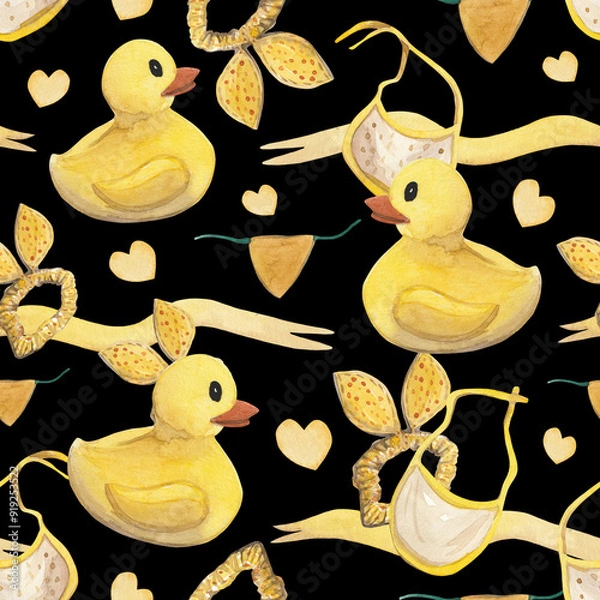 Fototapeta A playful watercolor pattern featuring yellow rubber ducks, bibs, hair scrunchies, and heart shapes against a bold black background. This vibrant and cheerful design is perfect for baby products