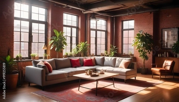 Obraz A well-furnished living room with a large grey sectional sofa and a wooden coffee table, brightened by sunlight streaming through multiple large windows, showcasing a chic indus