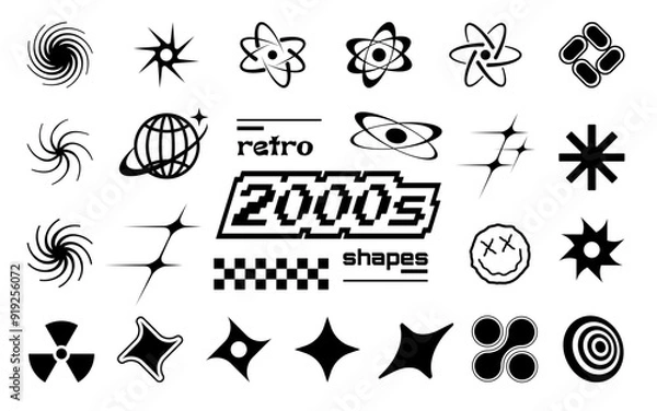 Fototapeta Trendy set of Y2k elements for graphic design. Geometric brutalshapes, retro graphic elements. Stars, shapes, symbols in y2k style.