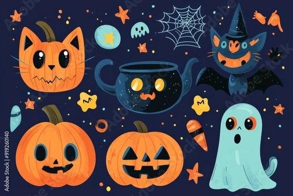 Fototapeta A fun and spooky set of Halloween-themed icons, featuring pumpkins, bats, ghosts, and candy corn in classic black and orange.