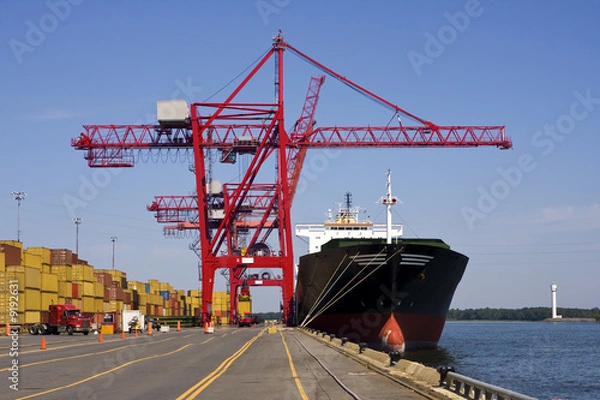 Fototapeta Giant container crane unloading a ship in a major port.