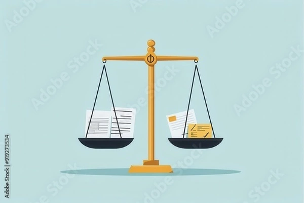 Fototapeta A balanced scale with documents on both sides, representing fairness, justice, and legal balance.