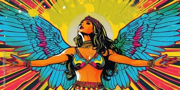 Fototapeta A woman with wings against a colorful backdrop.