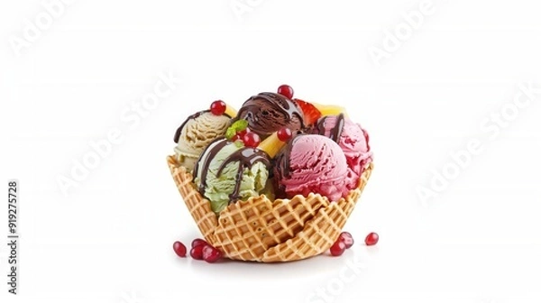 Fototapeta scoops fruit ice cream with chocolate glaze and colorful toppings in waffle cone bowl