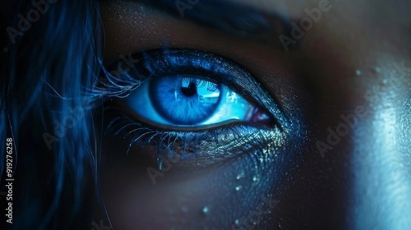 Fototapeta Close-up of a woman's eye with striking blue color and droplets, highlighting detailed features