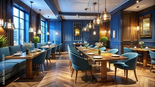 Fototapeta Calm ambiance fills this upscale eatery with blue-toned walls, rich wood accents, and soft lighting, creating an inviting atmosphere for a fine dining experience.
