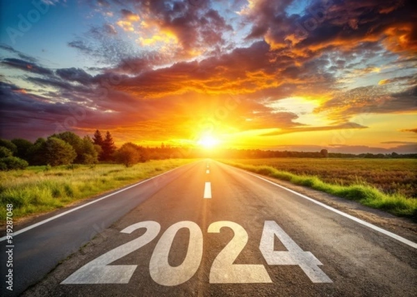 Fototapeta Vibrant sunset casts a warm glow on a paved road, where bold white numbers "2024" stretch across the asphalt, symbolizing new beginnings and possibilities.