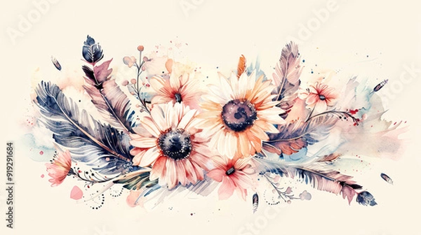 Fototapeta Watercolor boho daisies and feathers with ink and combination, intricate details, light background