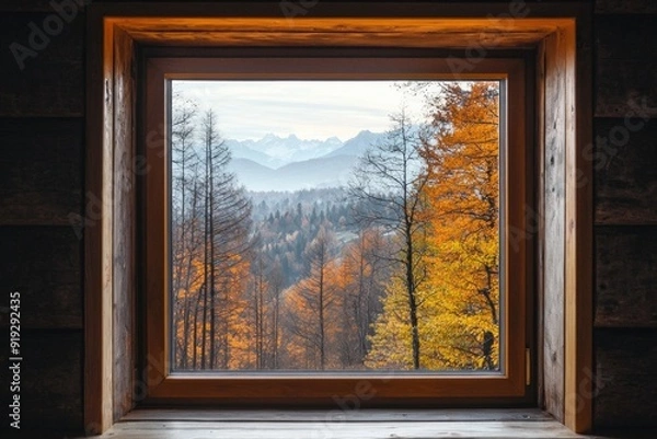 Fototapeta A window in a minimalist mountain retreat, with a view of a deep forest and distant peaks. 