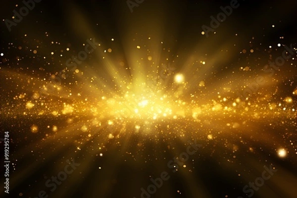 Fototapeta Light abstract glowing bokeh light. Shining star, sun particles and sparks with lens flare effect on black background. Sparkling magical dust particles. Christmas concept.