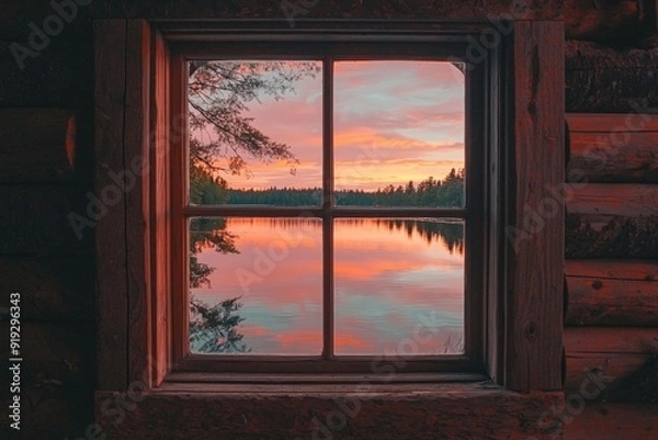 Fototapeta A window in a serene lakeside cabin, reflecting the pink hues of a sunset over calm waters. 