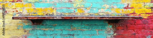 Obraz A colorful sign, precariously balanced on a brick wall.