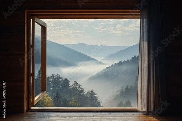 Fototapeta A window in a serene mountaintop retreat, capturing the mist rising from the valleys below. 