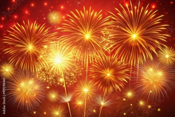 Fototapeta Vibrant golden fireworks explode against a bold red background, symbolizing good fortune and prosperity, perfect for Chinese New Year celebrations and festive decorations.