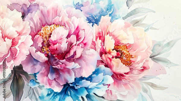 Fototapeta Watercolor peonies with color mixing on paper, vibrant and natural blending of spring colors, light background