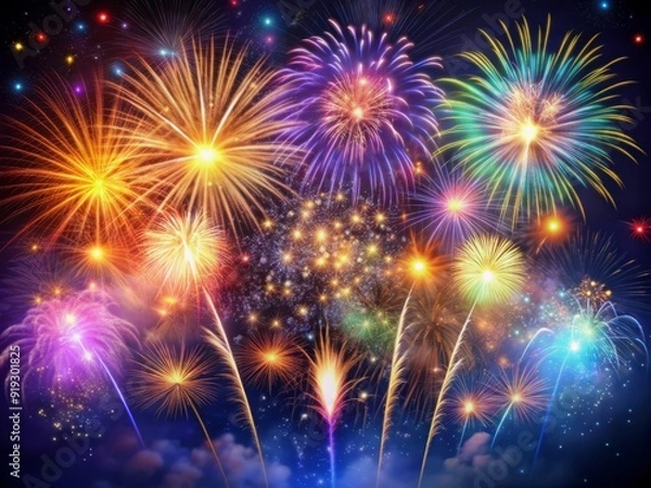 Fototapeta Vibrant colorful fireworks explode in the dark night sky, illuminating a velvet expanse with shimmering lights, sparkling trails, and radiant bursts of joy and celebration.