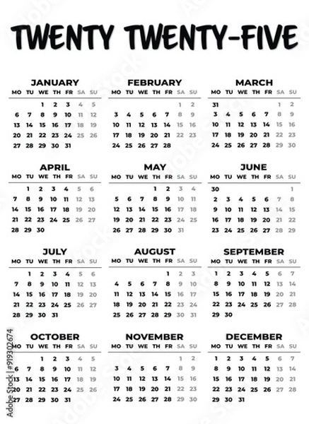 Obraz 2025 Monday Start Portrait Black and White Calendar. 2025 Monday Start Vertical Black and White Calendar Template. Simple calendar for year 2025 isolated on white background. Vector illustration.