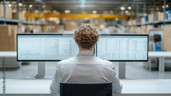 Fototapeta Logistics planner analyzing real-time data on a multi-screen dashboard, logistics planning, strategic supply chain management