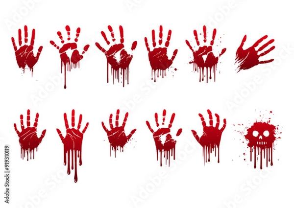 Fototapeta Set of 12 bloody handprints vector illustrations, halloween bundle, horror grunge collection, dripping blood