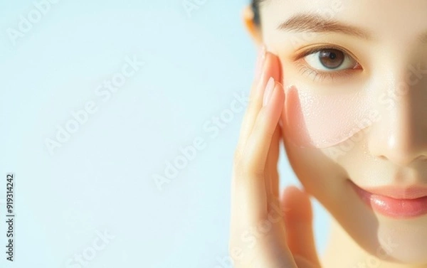 Obraz An Asian woman with smooth skin, applying sunscreen lotion on her face before going out