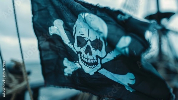Fototapeta Close-Up of a Pirate Flag Waving in the Wind with a Clear Skull and Crossbones Symbol