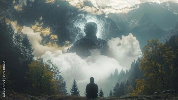 Fototapeta A praying man causes a god, an extraterrestrial intelligence, to appear to him in heaven