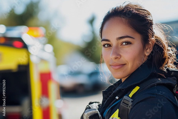 Obraz Hispanic female first responder portrait on a sunny day