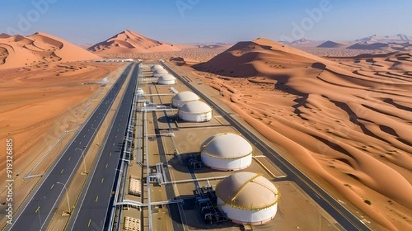 Fototapeta Liquid Gold Amidst the Dunes: An aerial perspective of a sprawling oil refinery, its gleaming white storage tanks contrasting sharply with the undulating red sand dunes of a vast desert landscape. 